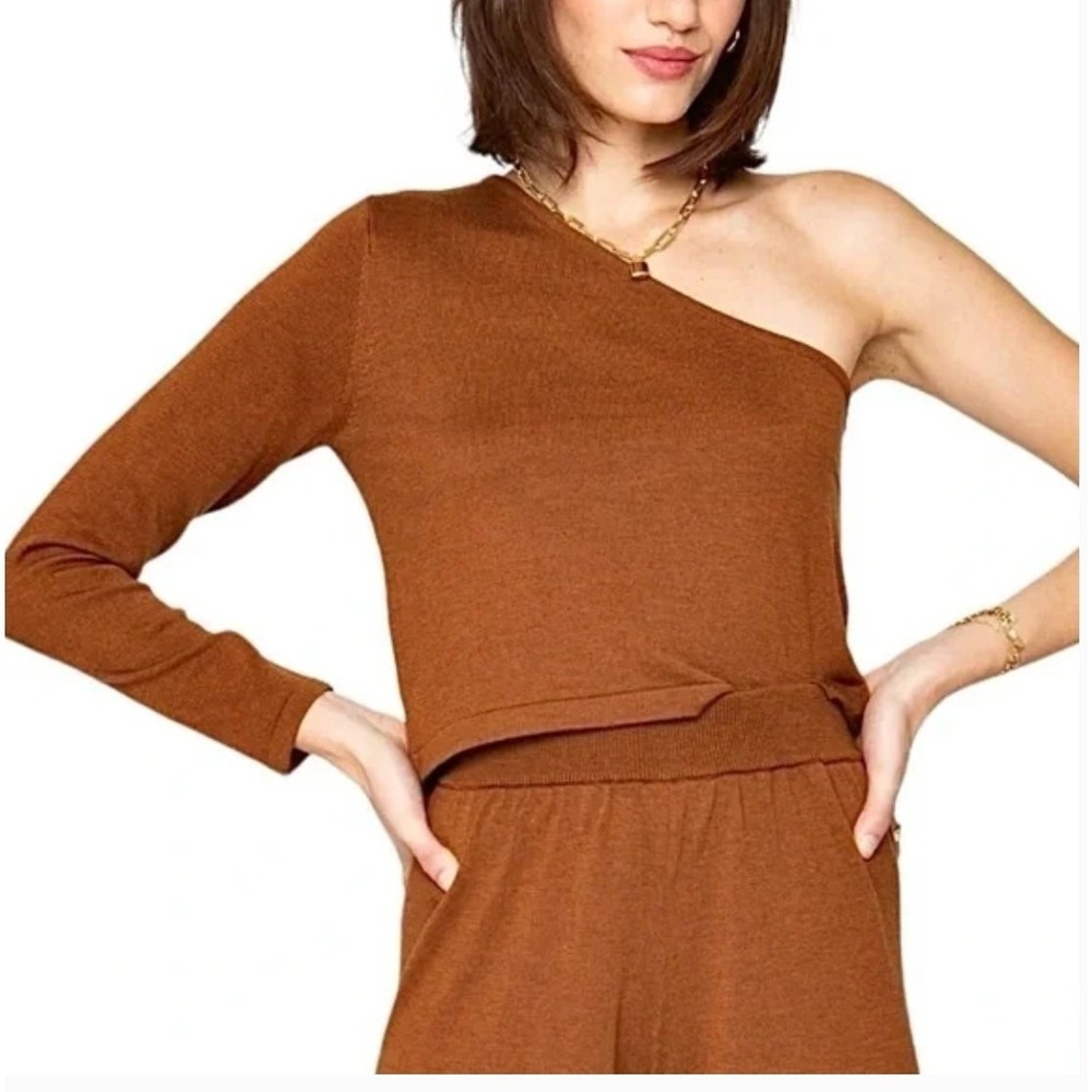 Callahan Knitwear‎ Top Womens Medium Brown Lora One Shoulder Sweater Top Revolve